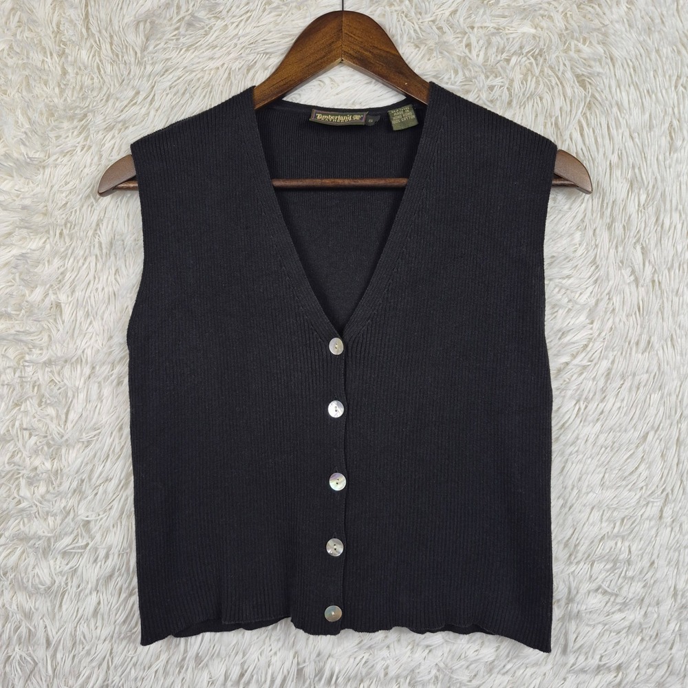 Vtg Timberland Weathergear Black Ribbed Button Up V-Neck Sweater Vest S Preppy